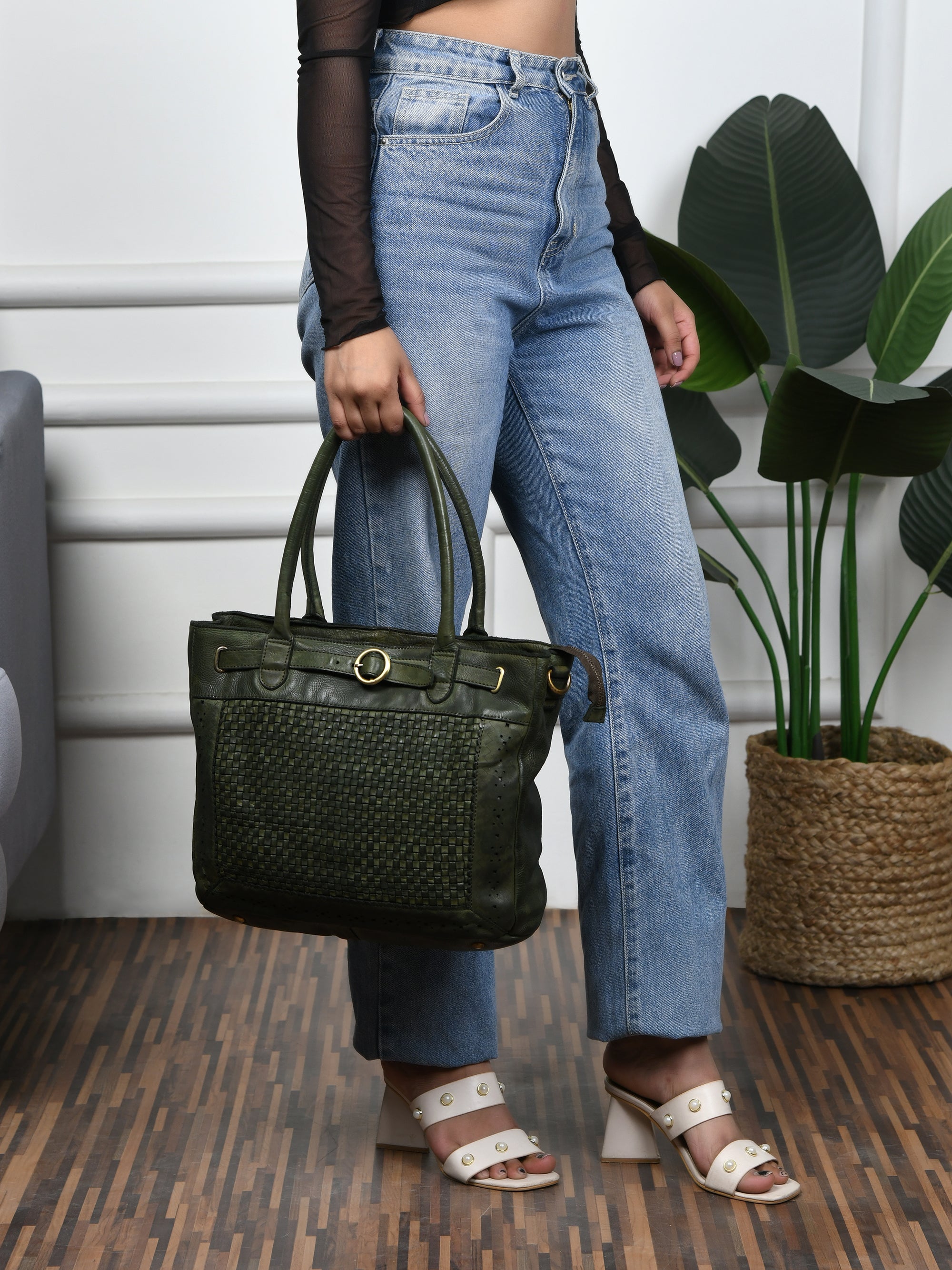Vintage Woven Espresso Leather Women's Handbag